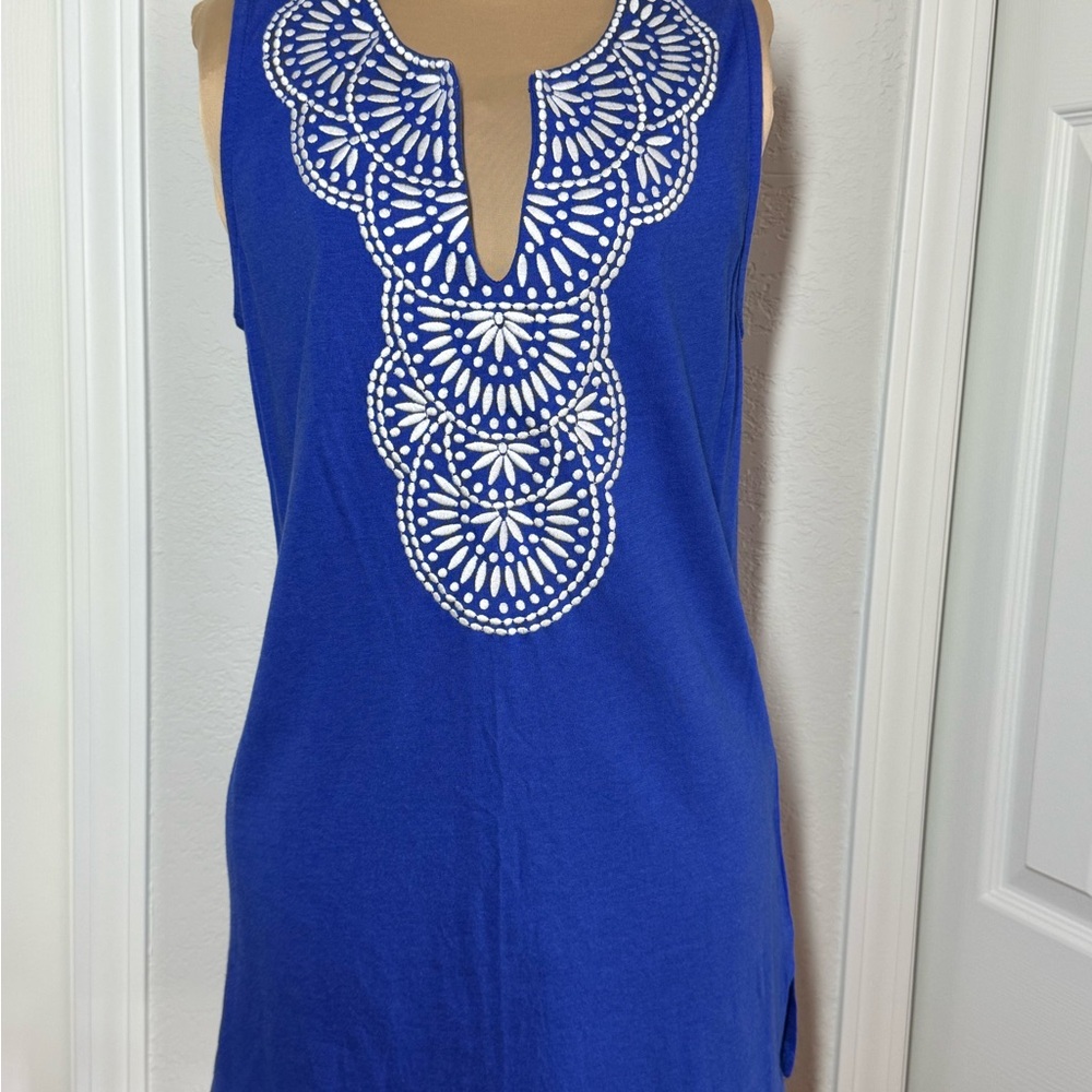 Sleeveless Royal Blue Embroidered Neckline Women's Top